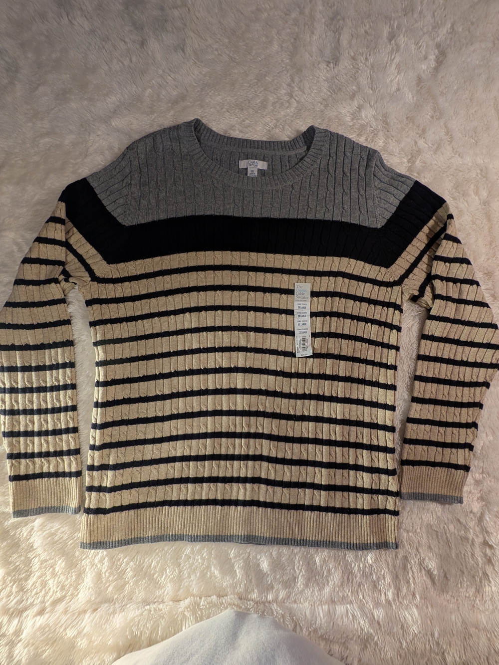 croft & barrow Beige, Black & Gray Striped Cable-Knit Crewneck Sweater